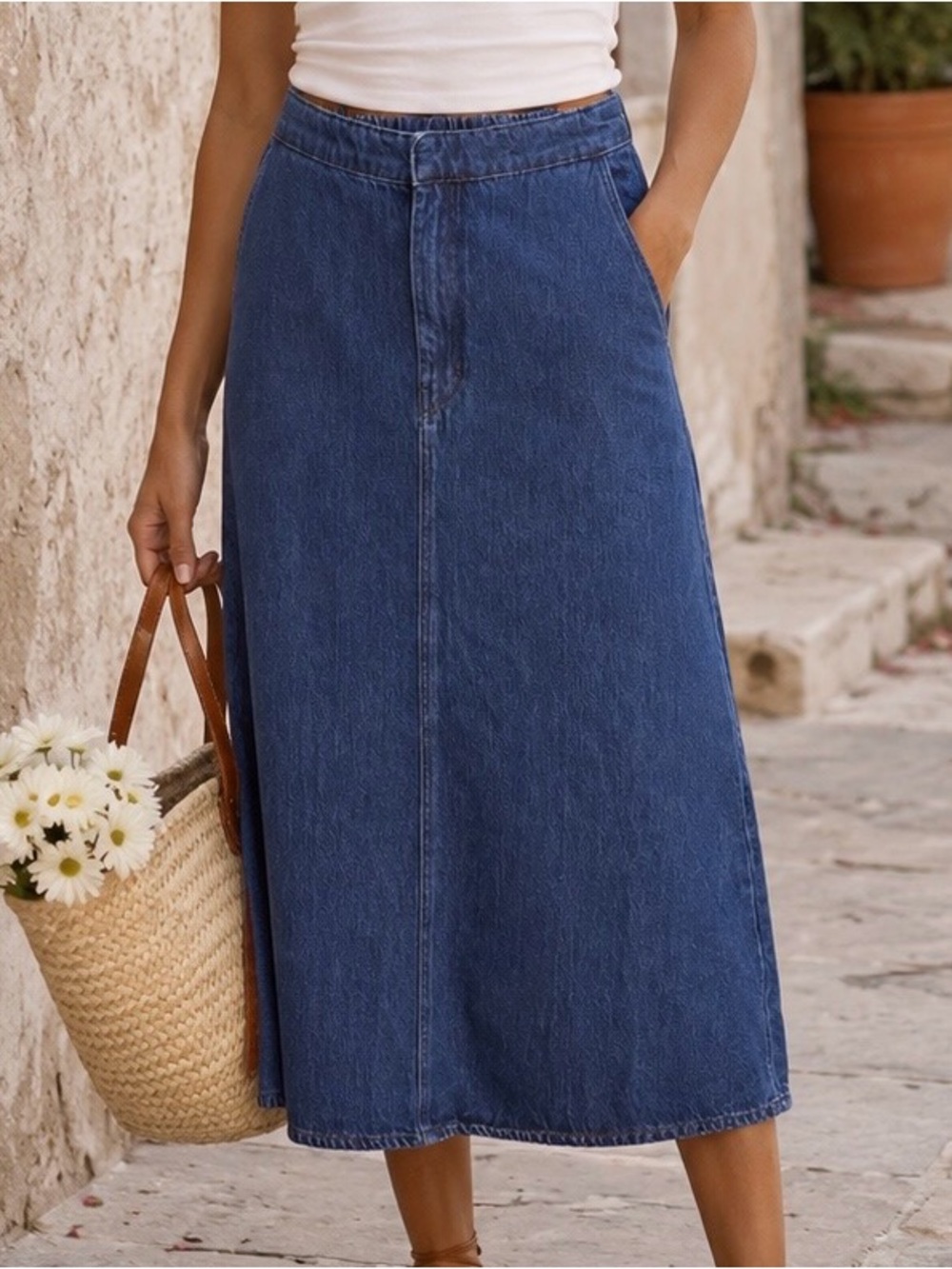 ZARA A-line Y2k Vintage Wash Denim Midi Skirt